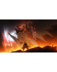 40x20 inches anime desk pad with Gundam-style mecha showdown, pilot silhouette, battlefield sunset theme.