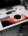 Eclipse floating in nebula scene desk pad, 36x16 inches, tiny universe look with speckled stardust.