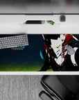 Persona 4 desk pad 36x16 inches featuring Take-Mikazuchi with neon eyes and bolts on a dark background, perfect for anime fans.