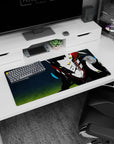 Persona 4 mouse pad 32x16 inches featuring Take-Mikazuchi with neon eyes, electric focus, and a rain-soaked asphalt gradient.
