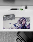 Anime girl mouse pad 28x12 inches in moody sci-fi tones, silver bob hair and neon magenta lines on pale.