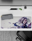 32x12 inches gaming mouse pad in pale tones with neon magenta accents, moody sci-fi aesthetic.