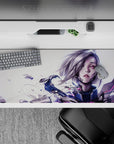 Moody sci-fi anime desk pad 36x16 inches, silver bob hair on pale backdrop with magenta streaks.