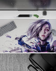 Moody sci-fi anime girl desk pad 40x20 inches in silver hair, pale tones, and neon magenta accents.