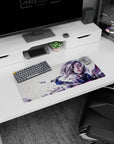 Anime girl mouse pad 28x12 inches showing a cyber anime heroine with silver bob and shattered armor effect.