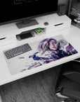 32x16 inches anime mouse pad showing a sleek cyber girl with silver bob and glowing magenta lines on armor.
