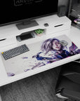 Cyber anime girl with silver bob and shattered armor on desk pad 36x16 inches, neon magenta lines.