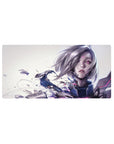 32x16 inches anime girl mouse pad with cyber heroine, silver bob hair, cracked armor, neon magenta glitches.