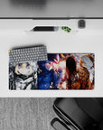 28x12 inches anime desk mouse pad in icy gray, midnight blue, and ember orange with a fierce cute vibe.