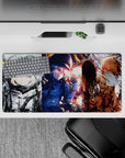 Anime girl mouse pad 32x16 inches in icy grays, midnight blues, and ember orange for a bold warlike mood.