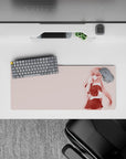 Anime girl mouse pad 28x12 inches in soft blush pink gradients, cute mood with a hint of danger.