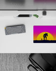 Epic 14x10 mouse pad featuring a sunset battle scene with a silhouetted figure and mech, perfect for adventure and solitude lovers