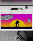 Epic 32x16 mouse pad featuring a sunset battle scene with a lone figure and mech, capturing the spirit of adventure and solitude
