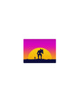 Sunset battle 14x10 mouse pad with a lone figure and mech silhouetted against vibrant hues of pink, orange, and purple for a futuristic vibe