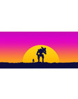 Sunset battle 36x16 desk pad with a lone figure and mech silhouetted against pink, orange, and purple hues, evoking a sense of adventure and solitude