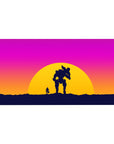 Sunset battle 40x20 desk pad featuring a lone figure and mech companion silhouetted against vibrant pink, orange, and purple hues for an epic journey