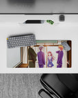 Sunlit anime mouse pad 28x12 inches in warm browns and navy, soft gradients and cozy afternoon glow.