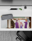 32x12 inches anime mouse pad in soft sunlit browns and navy, warm afternoon glow and gentle romance vibe.