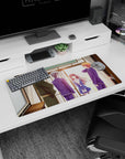 32x16 inches anime mouse pad featuring a shy smiling girl with flowing hair, watched by a tall kimono figure.