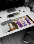 36x16 inches anime desk pad showing shy smiling girl with flowing hair, friends nearby, kimono figure watching.