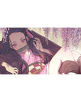 Nezuko from Demon Slayer lounges under wisteria on a 40x20 inch desk pad; pink blooms and golden light create a dreamy scene.