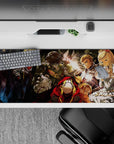 Overlord desk pad 36x16 inches featuring Ainz Ooal Gown with adventurers, capturing tension and drama in vibrant detail.