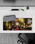 Megumin mouse pad, 28x12 inches, in a cozy tavern scene, captures her laid-back wizard vibe with warm, glowing chaos.