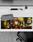 Megumin anime mouse pad 32x12 inches, showcasing her mid-shrug in a cozy tavern scene with warm light and casual adventurers.