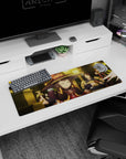 Megumin mouse pad, 32x12 inches, in cozy tavern scene with smug expression, golden glows, and casual adventurers.