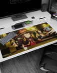 Anime mouse pad featuring Megumin from KonoSuba, mid-shrug in a cozy tavern scene. Size: 40x20 inches.