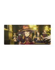 Mouse pad featuring Megumin from anime, 28x12 inches, in a tavern scene with a smug expression, warm light, and adventurers.