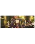 Anime mouse pad 32x12 inches featuring Megumin mid-shrug, exuding a smug and serene vibe in a cozy tavern scene.