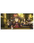 Megumin from Konosuba in a 32x16 inch mouse pad, mid-shrug in a cozy tavern, exuding calm amidst warm, chaotic glow.