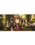 Anime desk pad 36x16 inches featuring Megumin mid-shrug in a cozy tavern scene, blending smug calm and warm chaos.