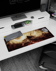 Artistic 32x12 inches mouse pad featuring lone warrior design, with a blood-red eclipse and jagged ruins for a foreboding, intense workspace vibe.