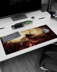 Artistic 36x16 inches mouse pad featuring lone warrior design, with a blood-red eclipse and jagged ruins for an intense and foreboding workspace vibe.