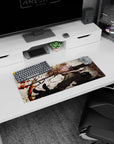 28x12 inches mouse pad showing a grinning golden-eyed anime girl mid-turn, boots forward, coat swirling.