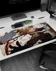 Golden-eyed anime girl mid-turn on desk pad 40x20 inches, windblown hair, fluffy-trim coat, gear.