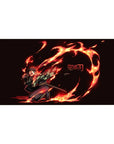 Demon Slayer anime desk pad featuring Tanjiro's fiery dance, 40x20 inches, with vivid red and orange flames on black.