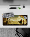 28x12 inches anime mouse pad in warm amber sunset tones with gentle dust sparkles and nostalgic romance.