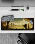 32x12 inches anime mouse pad in warm amber sunset tones with soft dust sparkles and a calm romantic mood.