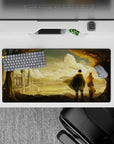 32x16 inches anime mouse pad in warm amber sunset tones with dust sparkles, calm romantic nostalgic vibe.