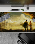 40x20 inches anime desk pad in warm amber sunset tones with soft dust sparkles and calm romantic vibe.