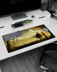 32x16 inches anime mouse pad showing two travelers in capes by a breeze under golden clouds and trees.