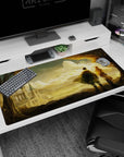 40x20 inches anime desk pad showing two travelers in capes, windblown hair, framed by trees at dusk.
