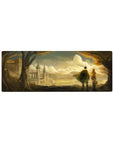 32x12 inches anime mouse pad with golden clouds, distant cathedral silhouette, trees, and subtle Japanese text.