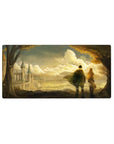 32x16 inches anime mouse pad with golden cloudscape, distant cathedral silhouette, and subtle Japanese text.