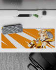 32x12 inches anime desk mat in warm sunny tones, peach hair, bright orange rays, heroic vibe.