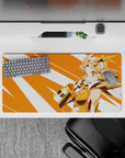 32x16 inches anime desk mat in warm sunny tones, peach hair, bold orange stripes, heroic vibe.