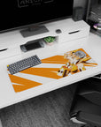 32x12 inches mouse pad featuring a peach-haired anime heroine in gold armor on bold orange stripes.